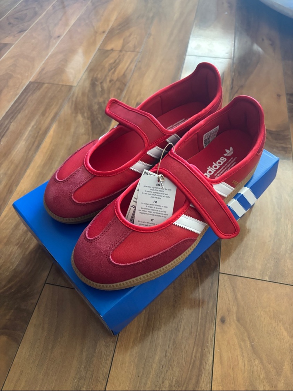 Brand new in box adidas Red Samba Jane Sneakers with White Stripes